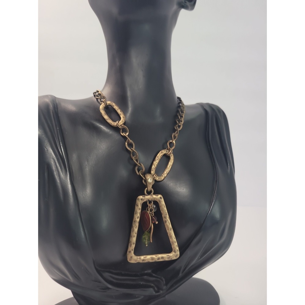 Antiqued Gold Tone Leaf Charm Pendant Necklace Green Red Boho Statement